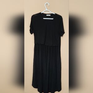 Bearsland Maternity Sz M Nursing Layered Top Black Stretch Short Sleeve Pockets